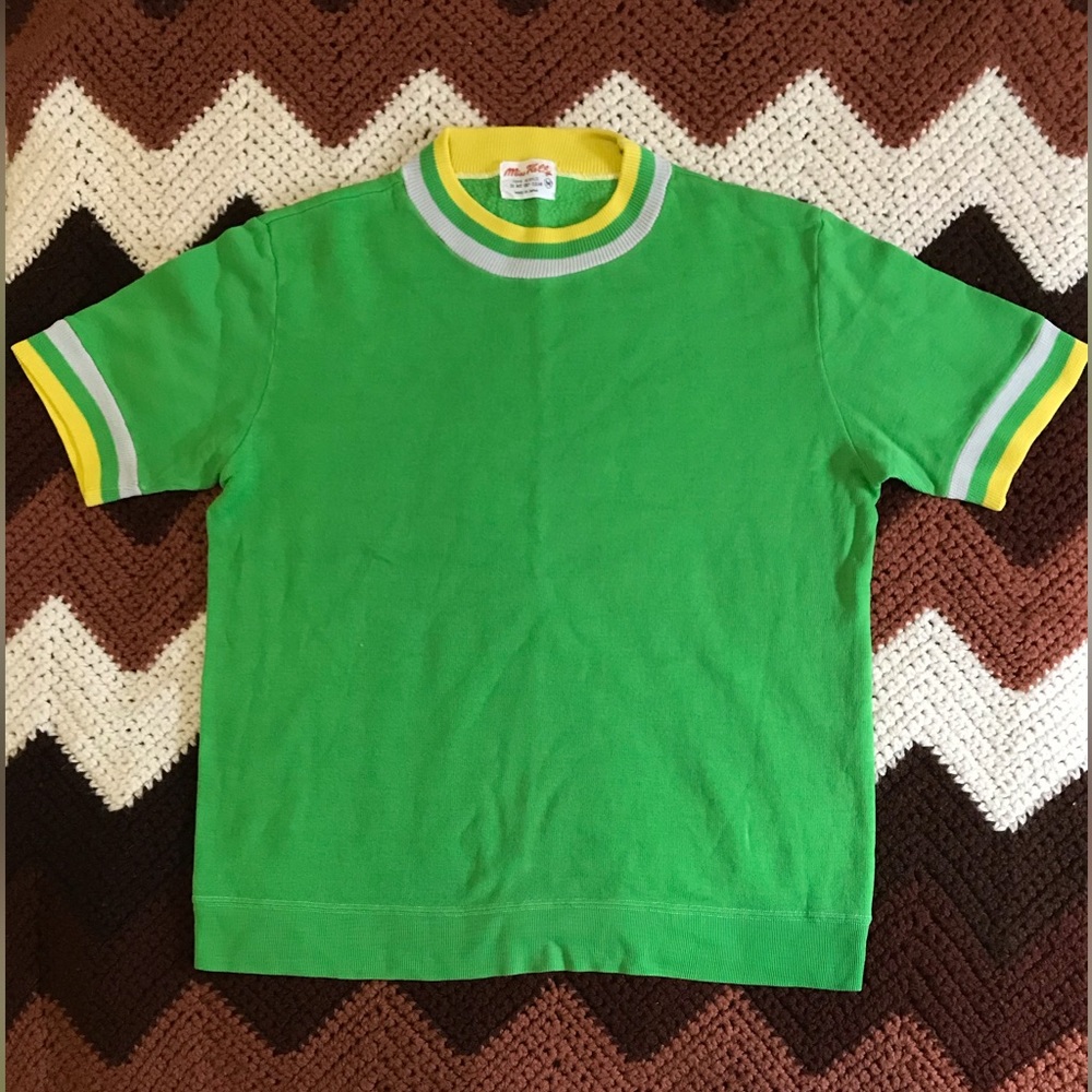 60s 70s Miss Holly green yellow short sleeve ringer shirt top medium large